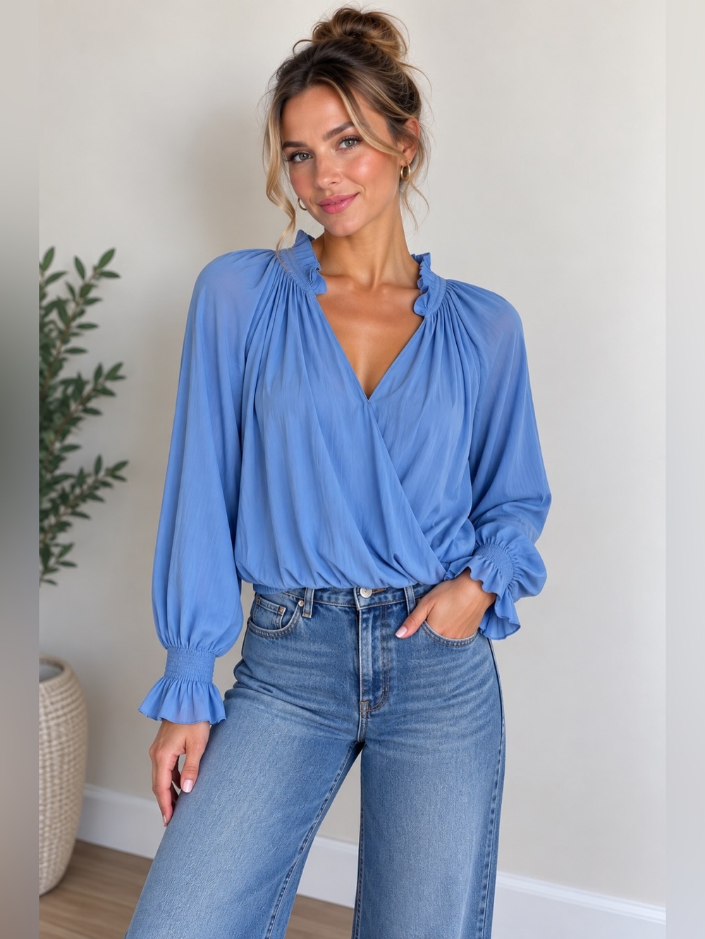 NWT Ramy Brook Bethany Ruffle Wrap-Front Long Sleeve Blouse